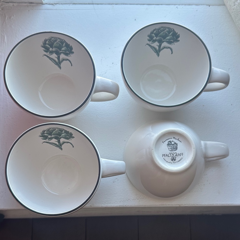 Pfaltzgraff White Mugs with Green Artichoke Flower Design - Picture 2 of 10